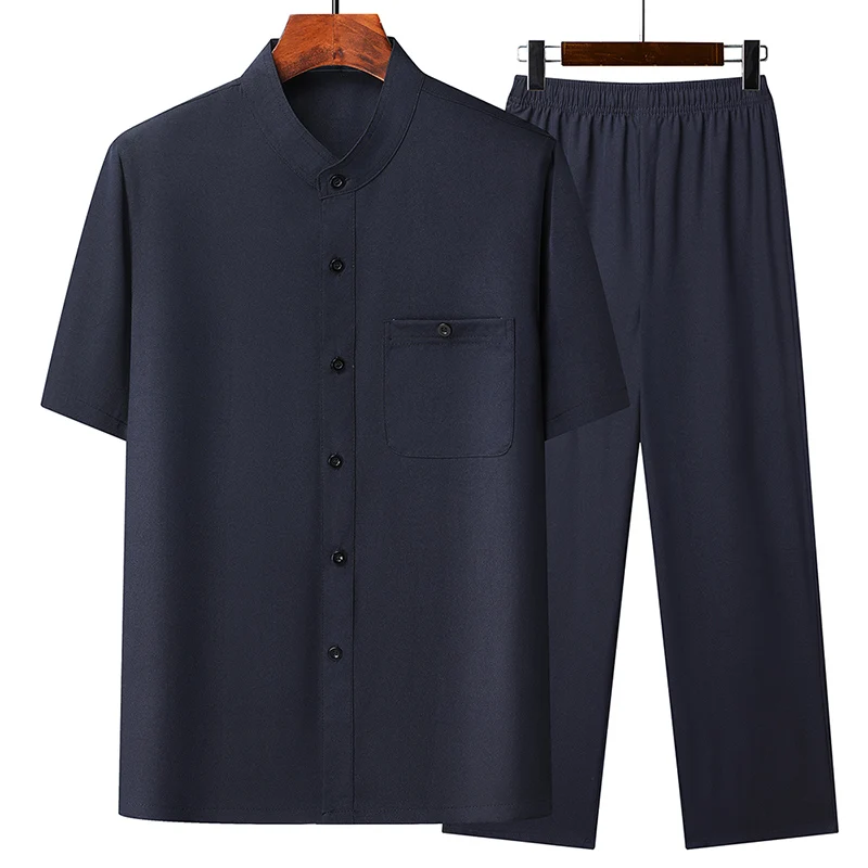 بدلة تانغ على الطراز الصيني للرجال في منتصف العمر وكبار السن ، بذلة تانغ حرير ثلجي فضفاضة ، قميص بياقة قائمة ، بنطلون علوي ، على الطراز الصيني