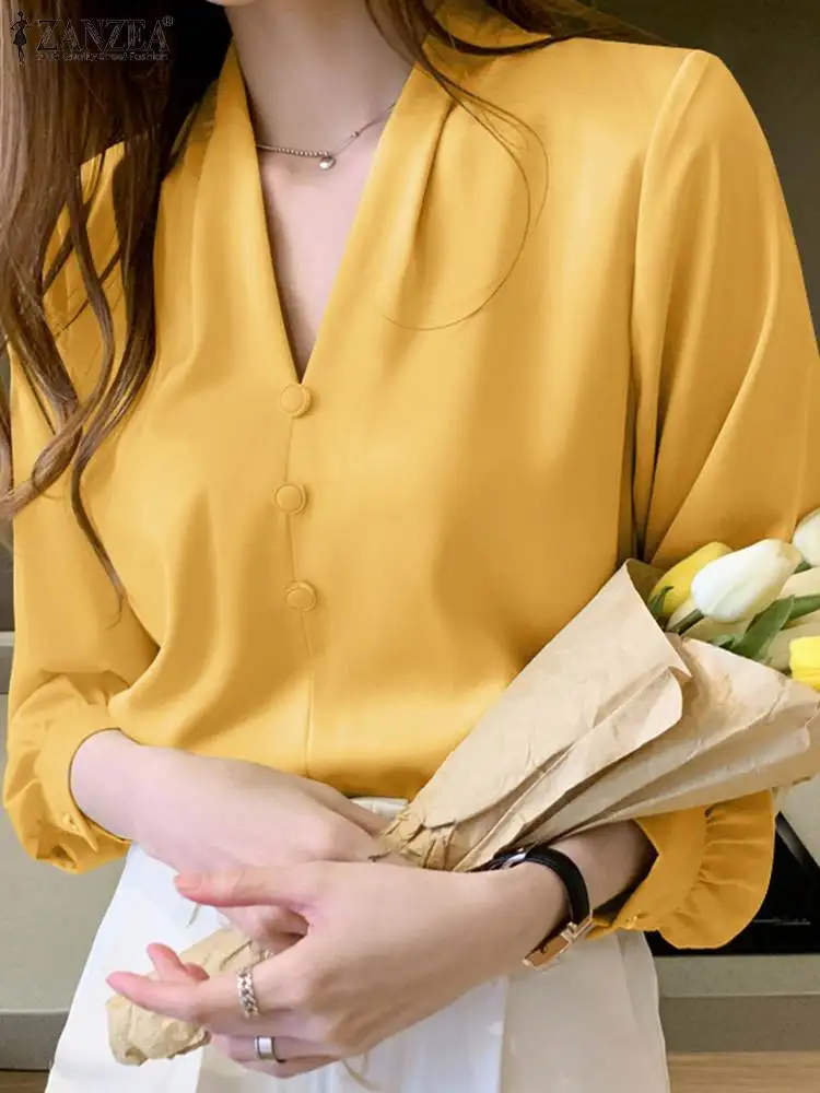 

ZANZEA Elegant Women Work Blouse Casual OL Tops Fashion Long Sleeve V Neck Autumn Solid Shirt Holiday Blusas Oversize Chemise