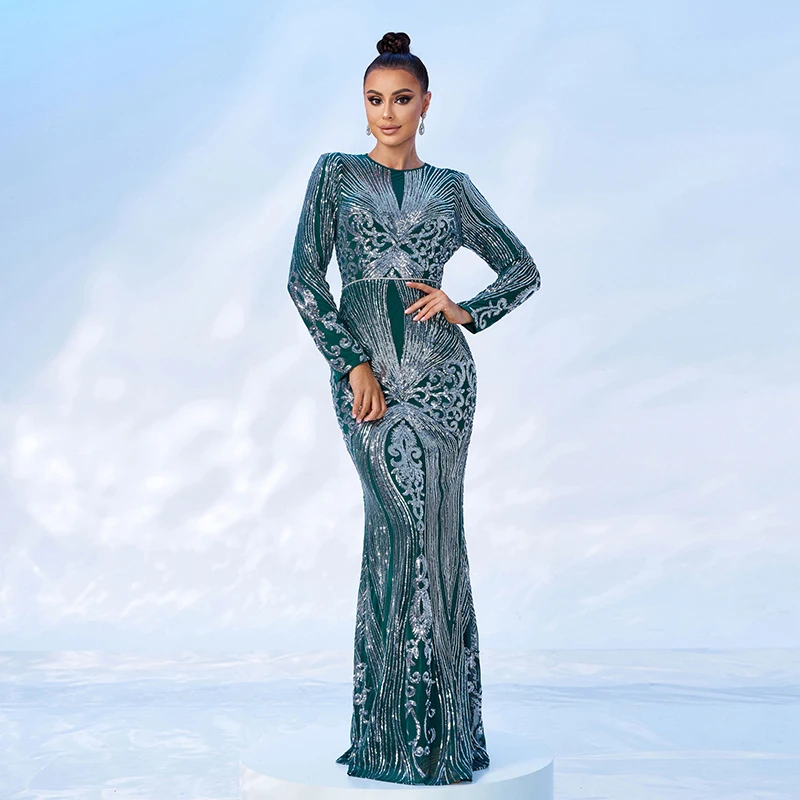 Women Long Sleeve O Neck 2024 Spring Autumn Green Silver Sequined Vestido de festa Cocktail Prom Party Evening Long Dresses