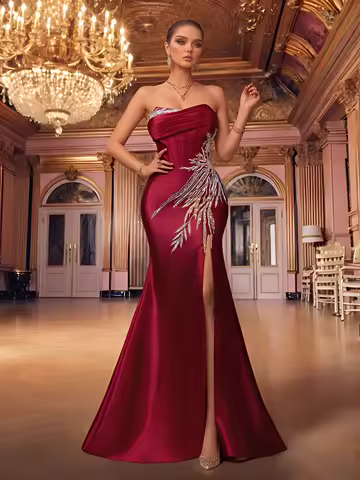 Luxury Red Satin Corset Prom Dress Strapless Sequins High Split Lace Up Back Evening Gown Women Elegant Wedding Party Dress