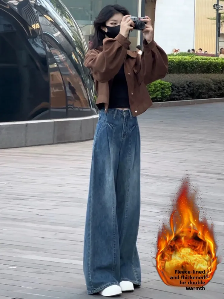 

Женские зимние джинсы больших размеров с флисовой подкладкой, свободные, с высокой талией, прямые, широкие штанины, удобные, мягкие, дышащие