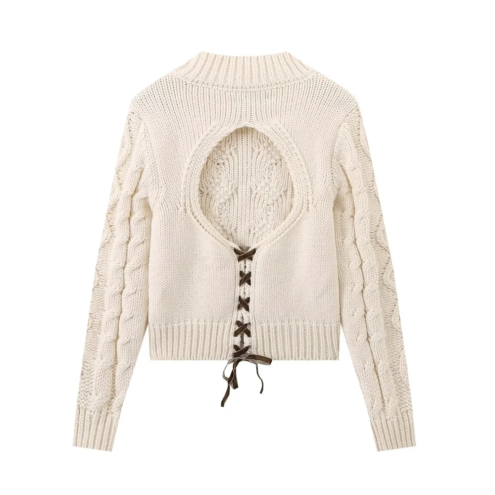 BMURHMZA Autumn New Product Women's Stand up Collar Clash Ribbon Decoration Back Opening Eight Strand Knitted Sweater