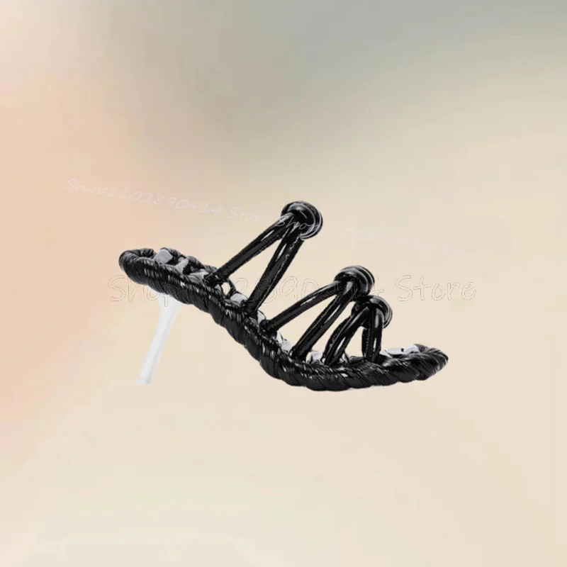 Black Knitted Leather Knot Strange Style Heels Slippers Slip On Women Shoes Open Toe Sexy Party Runway 2024 Zapatos Para Mujere