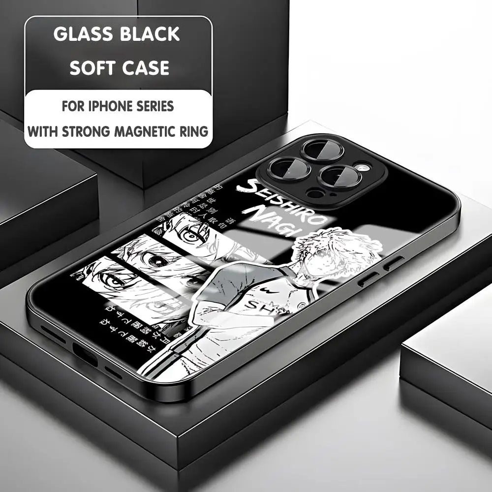 Nagi Seishiro anime Blue lock telefoonhoesje voor iPhone 17 16e 15 14 13 12 11 X XR XS Plus Mini Pro Max glas magnetisch hoesje
