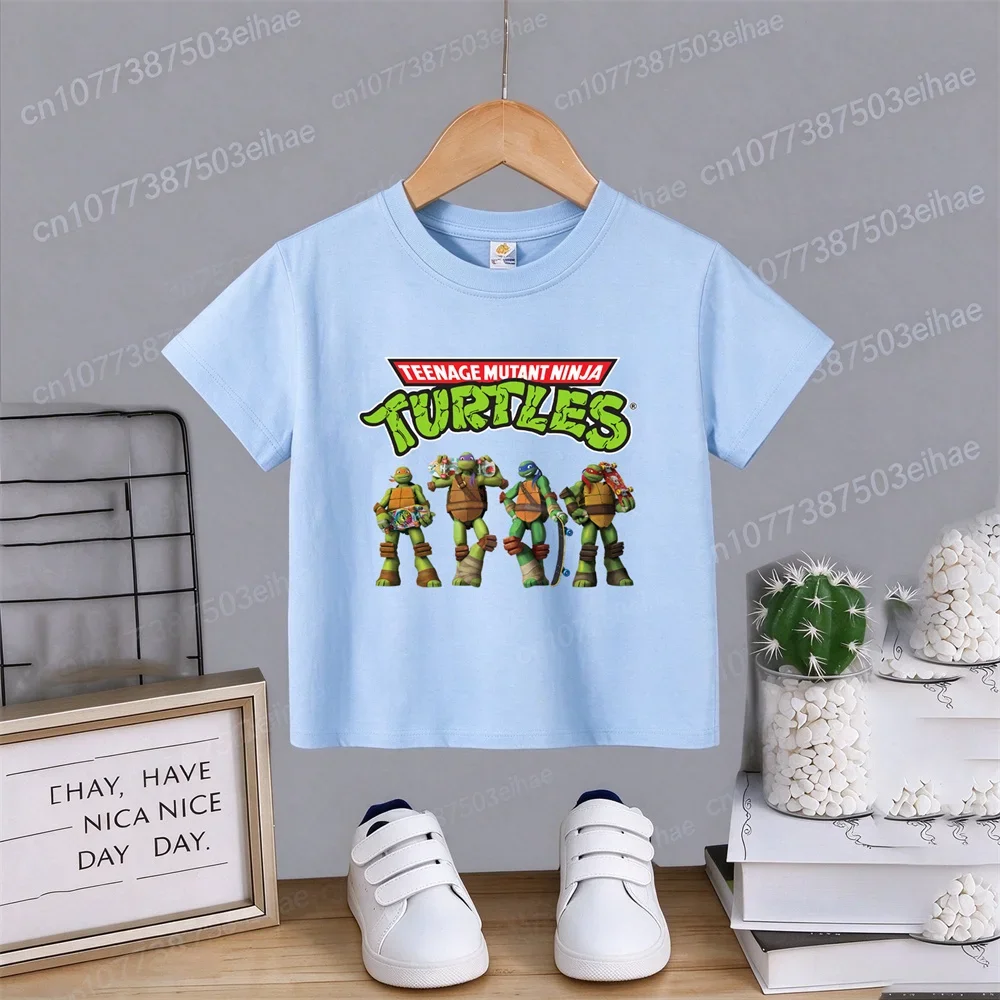 Ninja Turtles Standing Team Graphic Tee Light Blue round Neck Casual Shirt Comfortable Cotton for Boys Girls Summer Streetwear