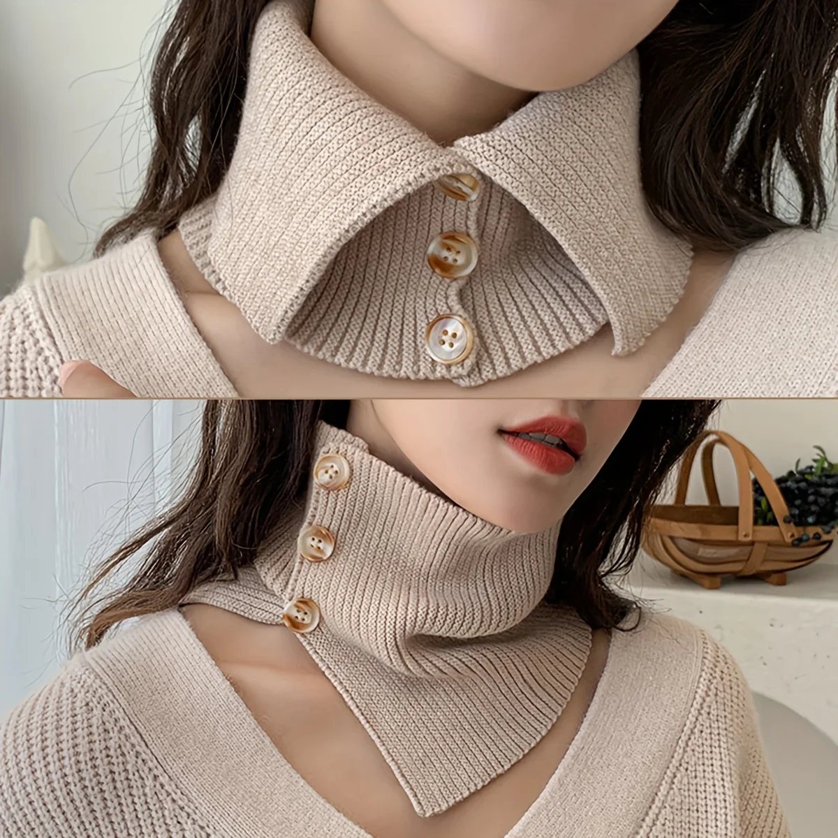 

Зимний шарф с воротником, ветрозащитный теплый женский элегантный водолазка на пуговицах, термовязаный морозостойкий шарф для защиты шеи