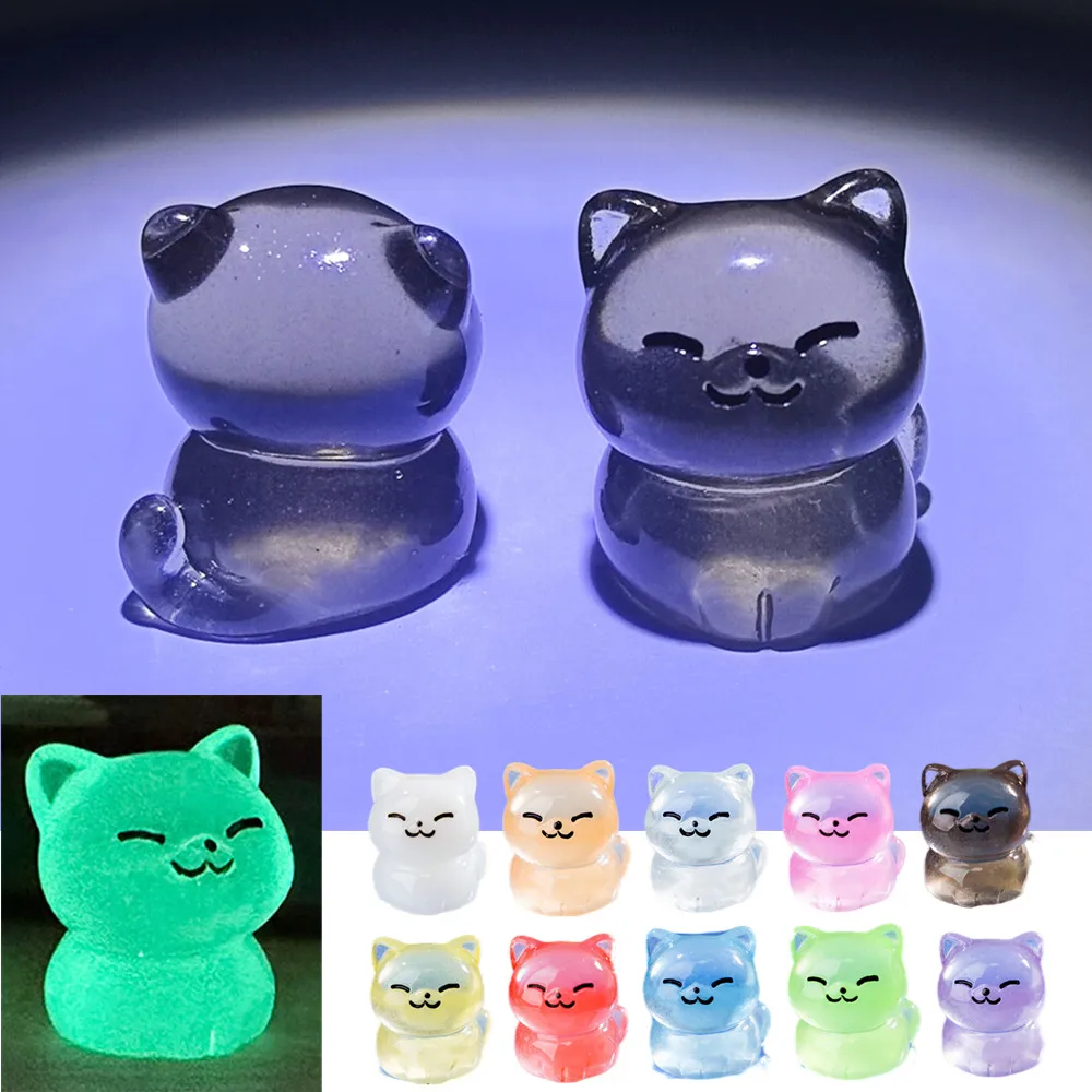 10 gatitos de la suerte coloridos que brillan en la oscuridad, Mini gatos negros, decoración del hogar, figuritas decorativas, decoración de escritorio en miniatura