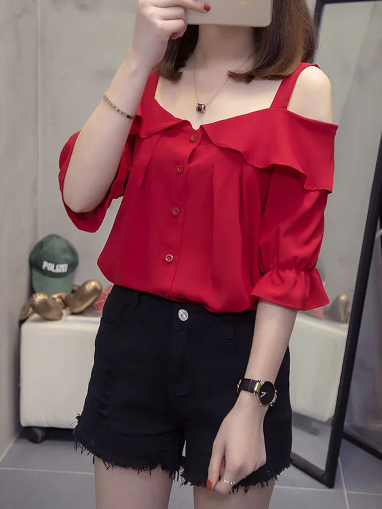 Oversize 5XL Off Shoulder Korean Blouses Female Summer Fashion Sexy Slash Neck Shirts Spaghetti Strap Loose Tops Single Breasted