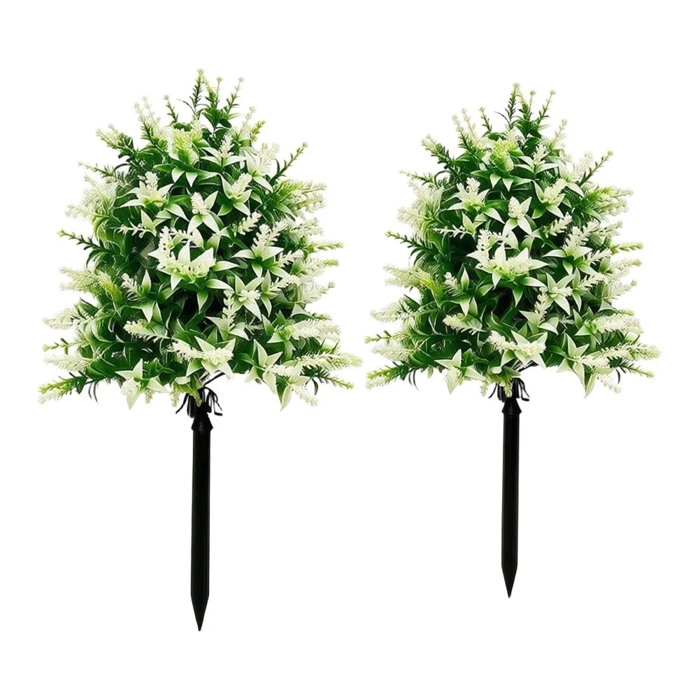 2PCS Realistic Artificial Lavender Plants 48cm White Green ABS Plastic Fake Shrubs With Ground Stake Low Maintenance Outdoor Gar