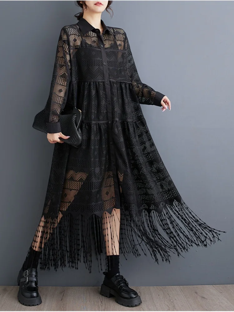 SMTHMA 2023 Nieuwe Lente Herfst Mode Stijl Kant Patchwork Lange Jurk vrouwen Zwart Veelzijdige See Through Losse Shirt Jurken