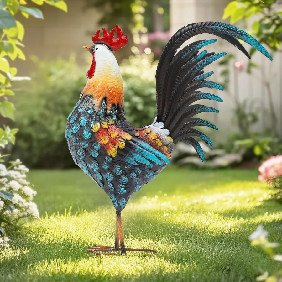 

32" Metal Rooster Decor Outdoor Garden Statues Metal Chicken Sculpture for Backyard Patio Kitchen Decor