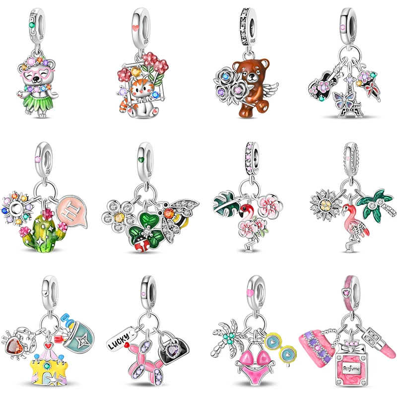

100% 925 Sterling Silver Cute Little Bear Butterfly Flamingo Charms Beads Rose Princess Pendants Fit DIY Bracelets Jewelry Gifts