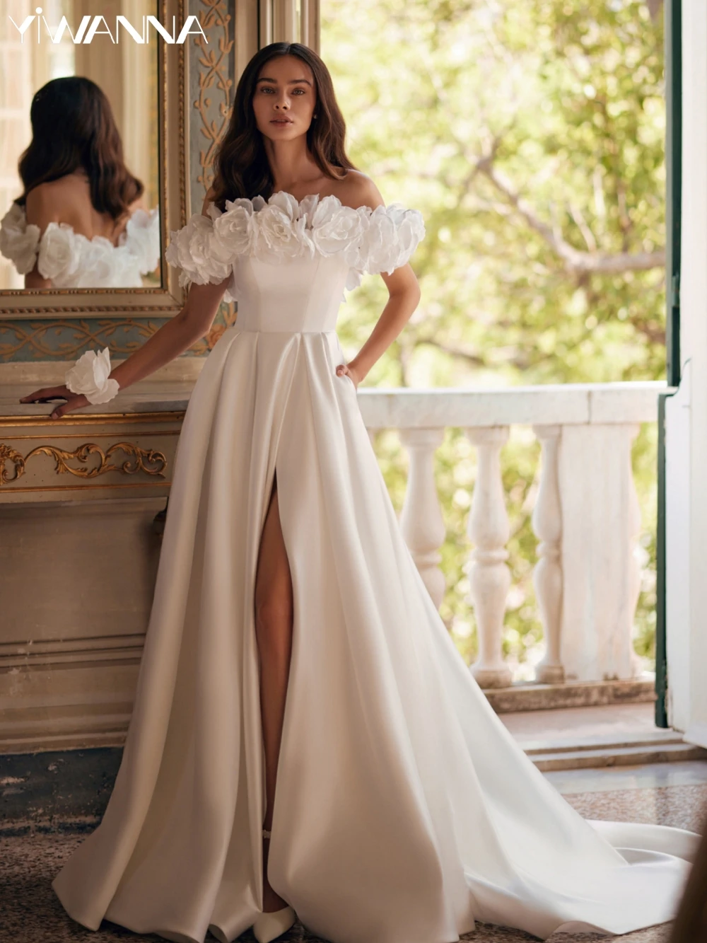 Elegante vestido De novia largo con hombros descubiertos, Túnica De novia clásica con flores 3D, satén Vintage, línea A, 2024