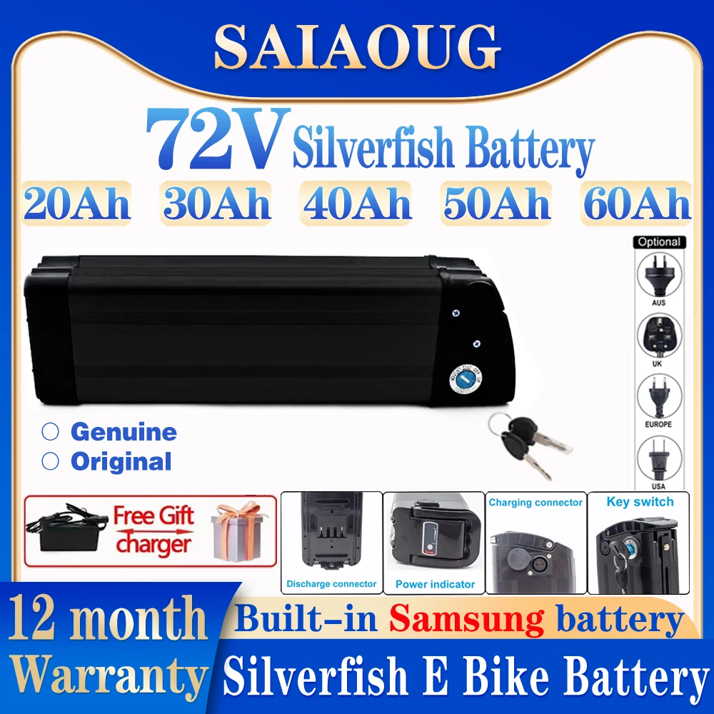 High capacity Silverfish 72V 50AH Ebike Battery Original 200-3000W Lithium Electric Bike 50A BMS 2000W Real Capacity Battery