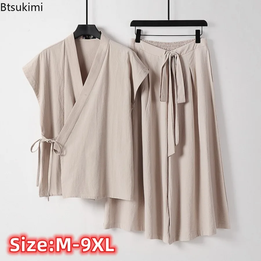 2024 Chinese Stijl Heren Casual Linnen Katoenen Tweedelige Effen Vintage Kimono Vest Vesten En Wijde Pijpen Broek Sets Man Tang Suit