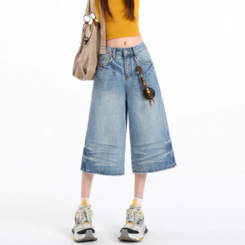 

Women's Vintage Washed Capri Wide Leg Jeans High Waist Loose Slim Fit Cropped Denim Pants Casual Streetwear Y2K Daily Outfits