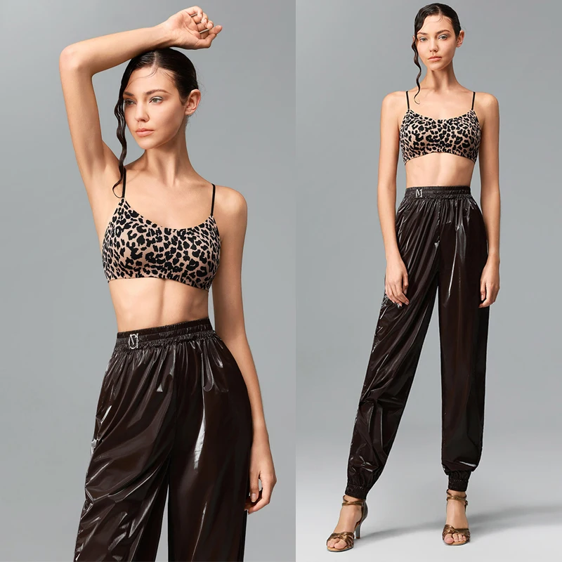Sommer Damen Lateinamerikanisches Tanz-Übungsoutfit Erwachsene Rumba Ballsaal Tanzkostüm Leoparden-Top Hochgeschnittene Moderne Tanzhose SL15808