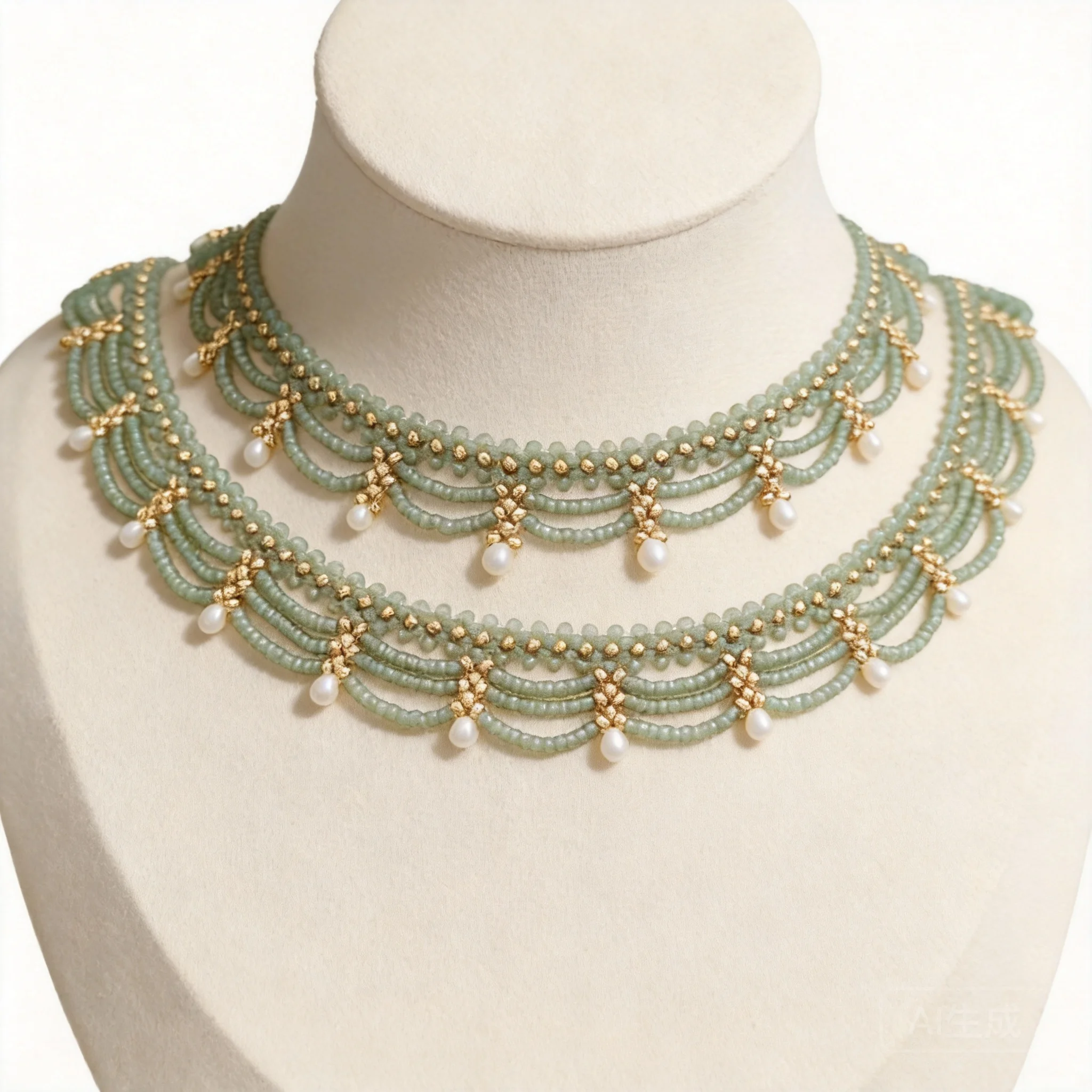 

Chinese Style Lucky Traditional Hanfu Necklace Multi Layer Green Beaded Faux Pearl Water Drop Pendant Vintage Choker For Tang