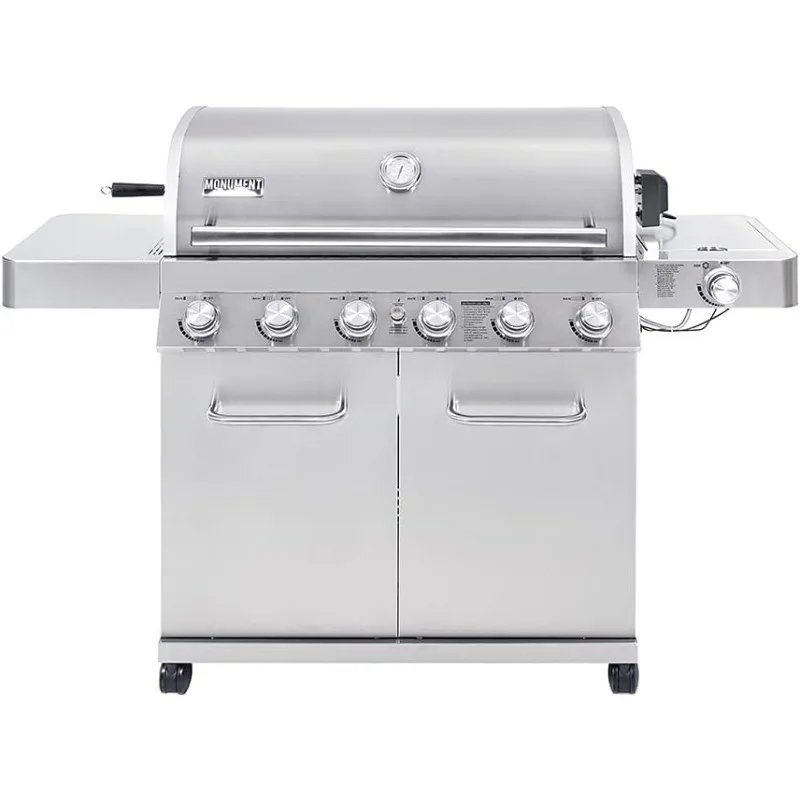 Monument Grills 77352 6-Burner Stainless Steel Cabinet Style Propane Gas Grill with Knob Controls, Side Burner, Rotisserie Kit