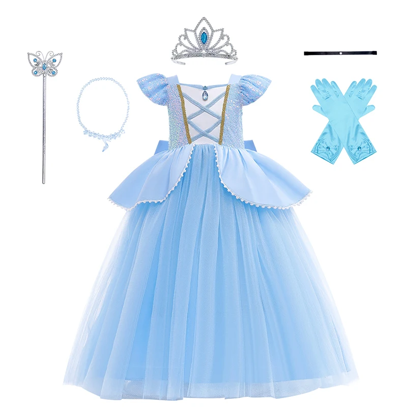 

2025 Carnival Party Children Blue Sequin Princess Evening Dresses With Accessories For Makeup Dance Birthday Party Costume 1-10Y