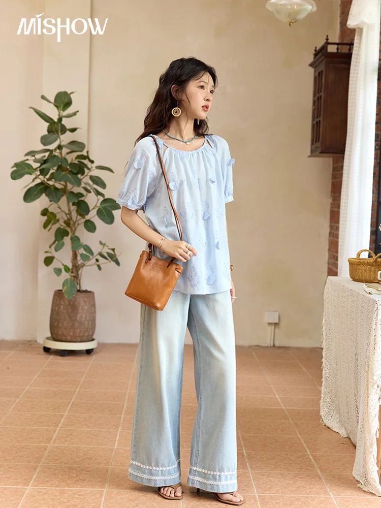 MISHOW المرأة فراشة التطريز بلوزة 2025 صيف جديد موضة الجوف خارج س الرقبة رداء علوي غير رسمي الملابس النسائية MXE36X1878