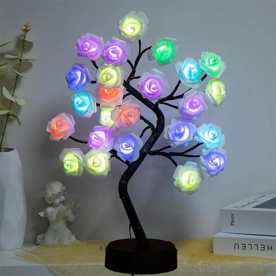RGB Color Changing Lighted Rose Tree Lamps with Remote Rose Flower Table Lamp 24 LED Lighted for Valentine's Day Wedding Decor