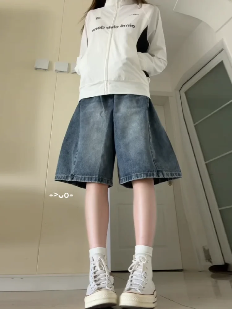 

Sweet Cool Spicy American Washed Five-Quarter Denim Shorts Women Summer Design Loose Slim Wide Leg Mid-Pants Trendy