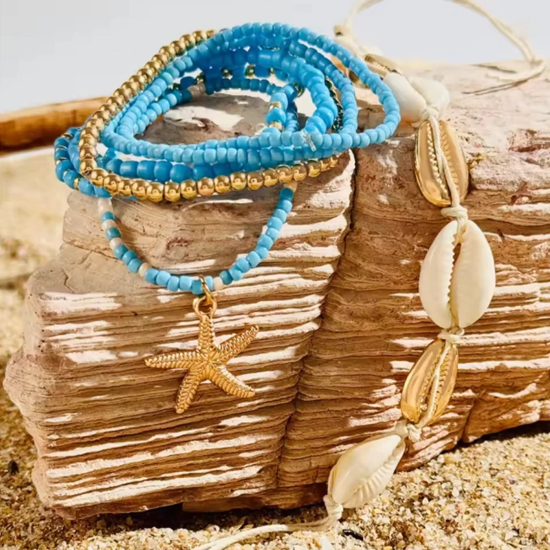 New 7 Pcs Bohemian Style Shell Woven Beaded  Rope Bracelet Summer Beach Bracelet For Women Stackable Bracelets Jewelry Wholesale