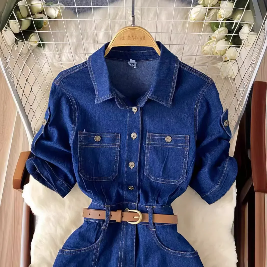 

Light Luxury Wind Senior Sense Polo Collar Denim Dress.Women's Summer Open Akimbo Waist Belt Design Niche Temperament Slit Dress