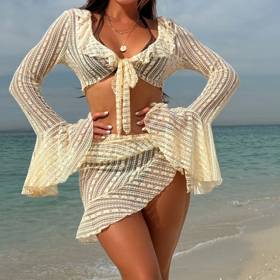 

2025 Women 4 Pieces Swimwear Halter Triangle Bikinis With Cover Up Outfits Beach Skirt Swimsuit Female Bathers Swimming Summer
