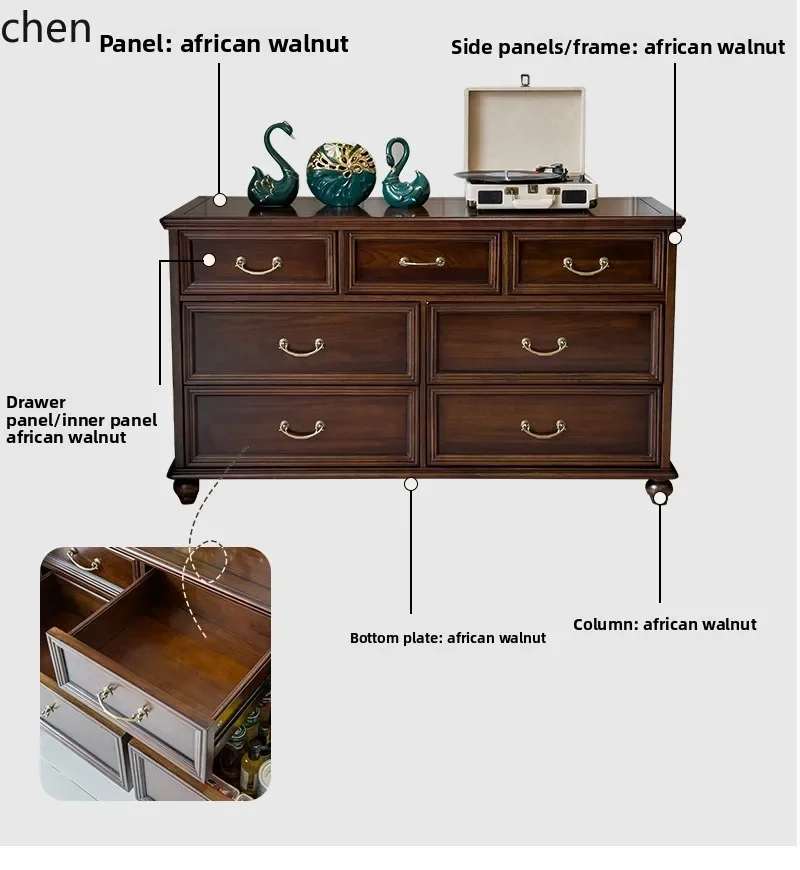 Living Room Pure Solid Wood Chest of Drawers Vintage Dining Side Cabinet Bedroom Solid Wood Storage Cabinet