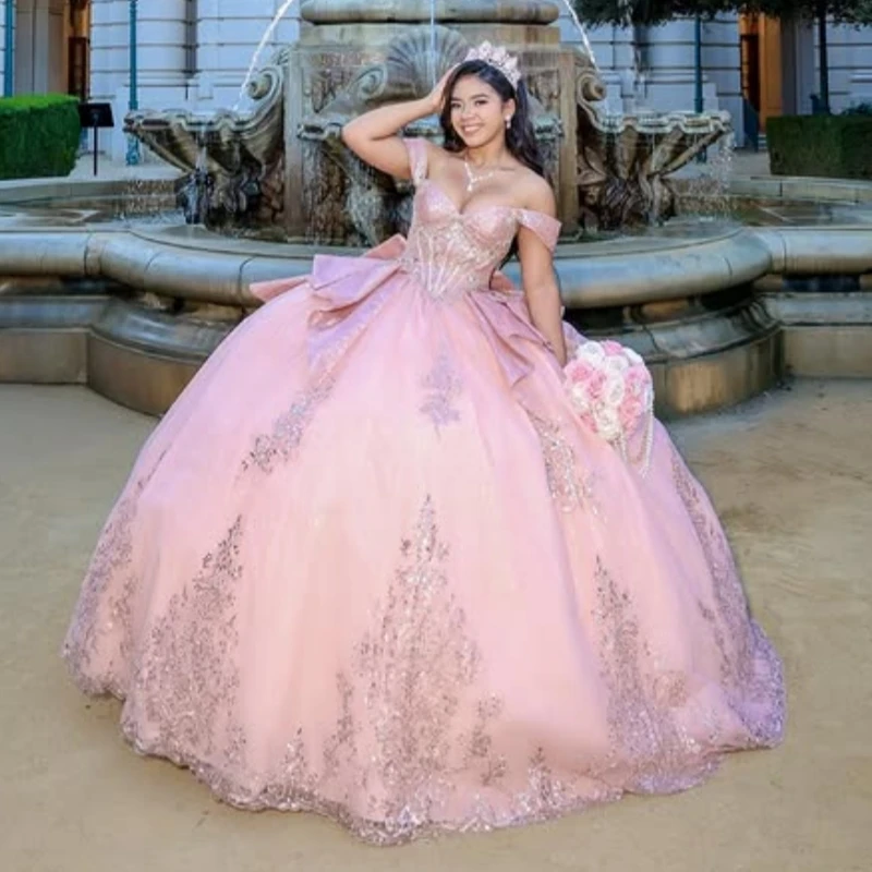 

Pink Shiny Quinceanera Dresses Off The Shoulder Applique Lace Beads Bow Tull Corset Party Birthday Sweet 16 Dress Vestidos 15 De