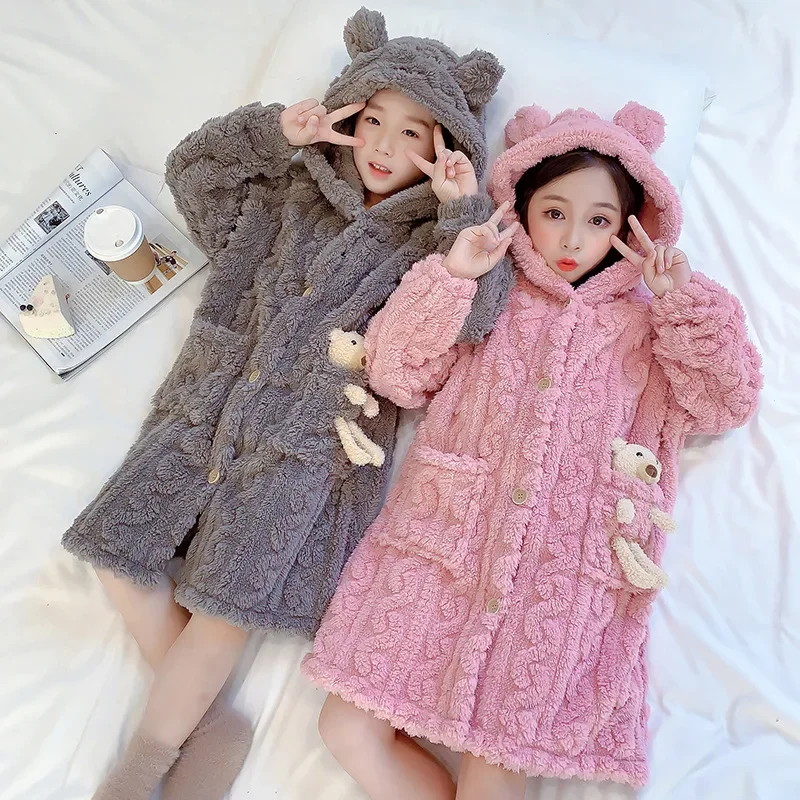 Pyjamas Girls Winter Robes Nightwear Kids Clothes Night-robe Thick Flannel Sleepwear Children Pajamas Bathrobe 6 8 10 12 Years