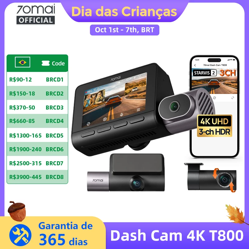 Câmera Veicular 70mai 4K T800 de 3 Canais, Frontal, Traseira e Interna com HDR Triplo, Supercapacitor Integrado, GPS e ADAS, Monitoramento de Estacionamento 24H, 4G LTE