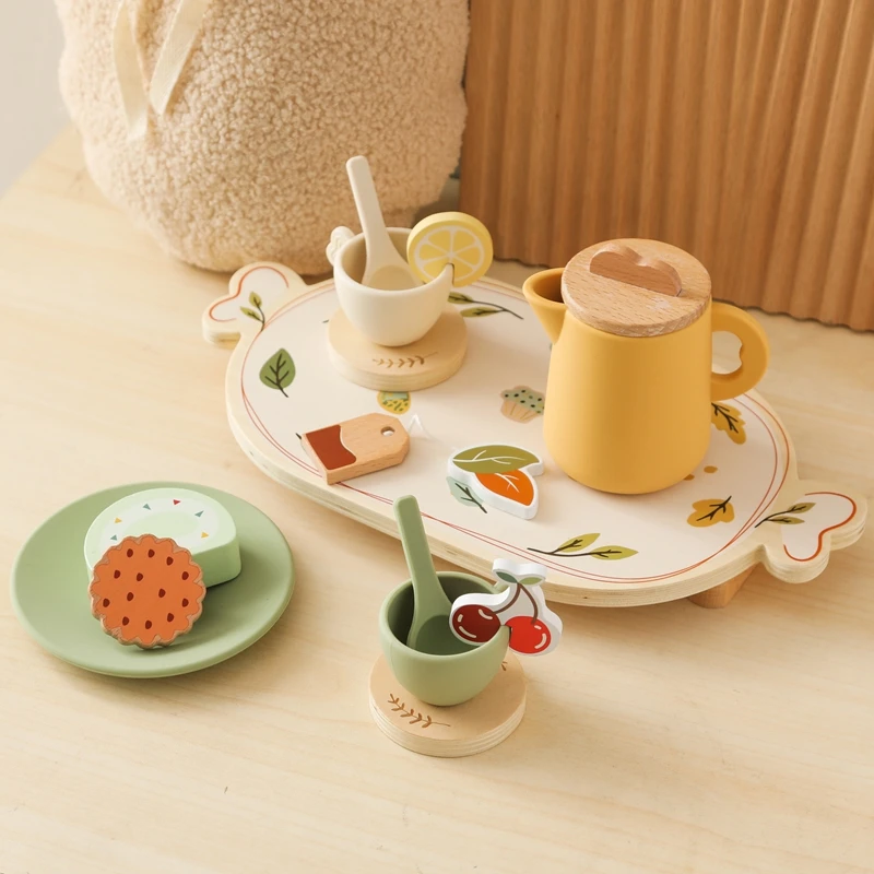 Baby Holz Montessori Spielzeug Silikon Tassen Holz teller Tabletts Dessert Modell spielen Haus Nachmittags tee Set Kinder Puzzle Spielzeug Geschenk – Detail 19