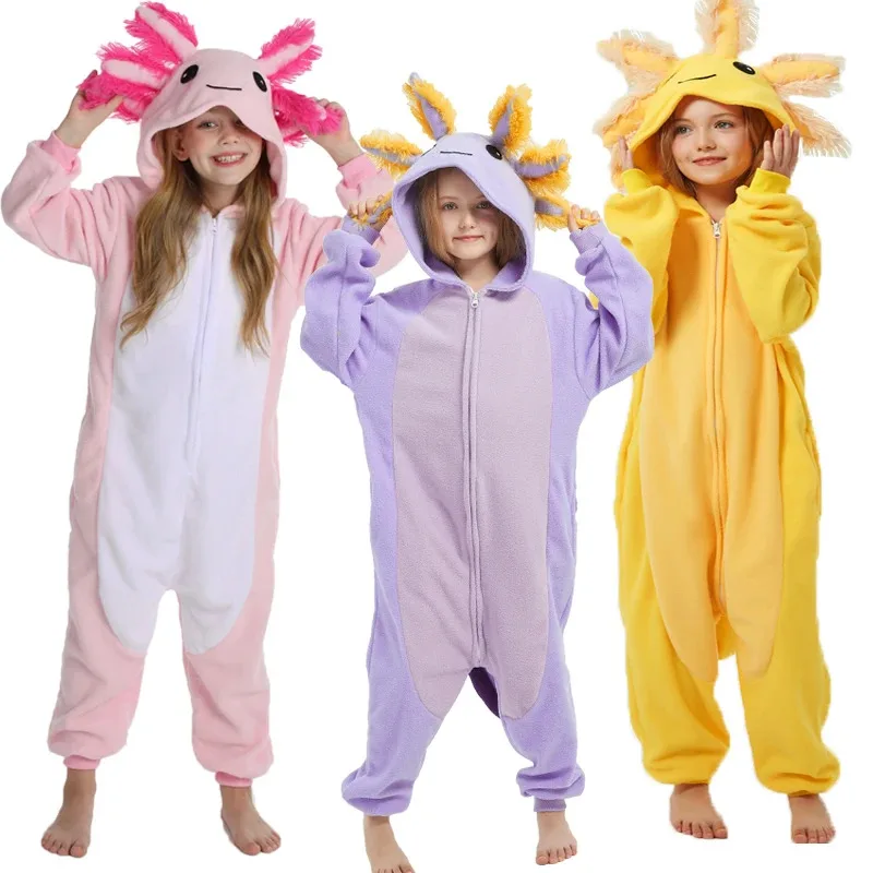 Pigiama cosplay simpatico cartone animato rosa Newt Animali per bambini Halloween Ragazzi Ragazze Pigiama anime axolotl Kigurumi giallo