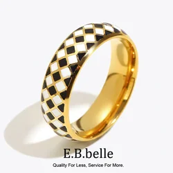 E.B.belle Stainless Steel Fine Polished Small Black White Enamel Checker Ring Tarnish Free Woman New Y2K Jewelry Black Ring