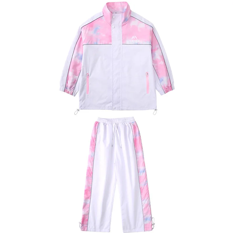 キッズK-POPヒップホップ服 ホワイトピンクプリント ウィンドブレーカージャケット カジュアルワイドパンツ 女の子男の子 ストリートダンスコスチュームセット服