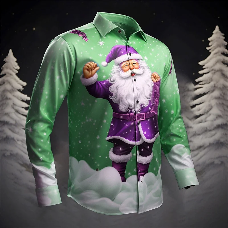 Santa Claus Casual Men\'s Button Shirt Long Sleeve Party Evening Autumn Winter Spring Summer Shirt Collar Button 3D Printing Thin