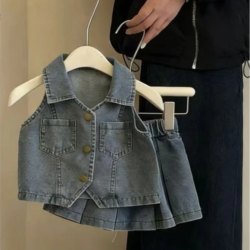 

Girls' Denim Outfit Summer Wear2026New style washed lapel vest and pleated skirt fashion two-piece set