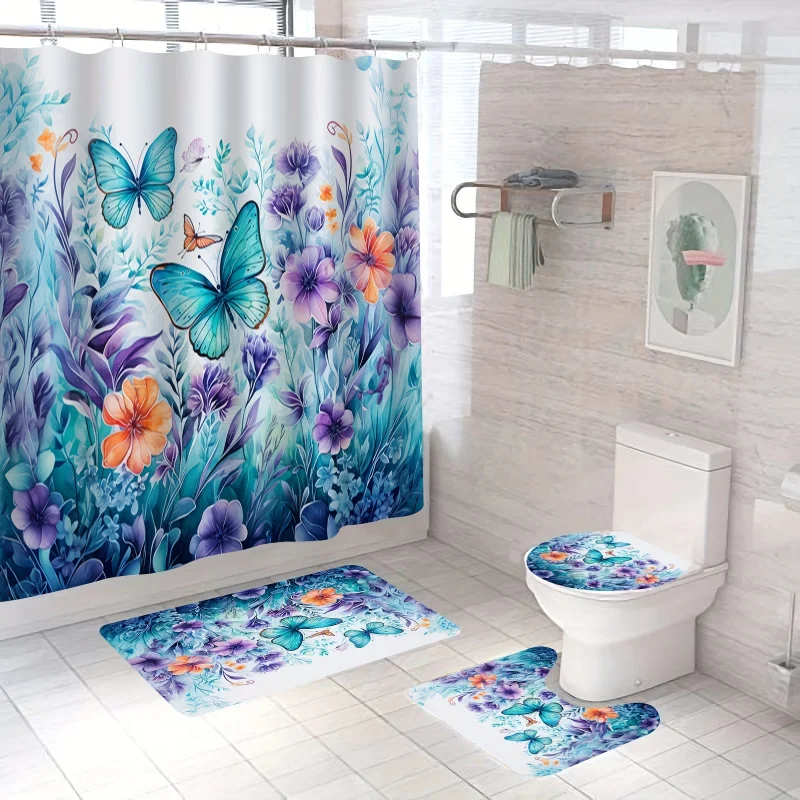 4pcs Blue Butterfly Shower Curtain Set, Blue Purple Floral Shower Curtain With 12 Hooks, Non-Slip Bathroom Rug, Toilet U-Shape