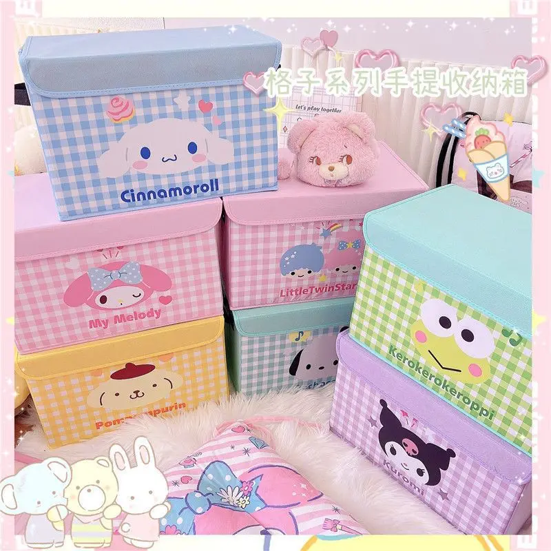 Anime Sanrio MINISO 데스크탑 플립 탑 보관 상자 HelloKitty 만화 문구 화장품 접이식 가정용 잡화 보관 상자
