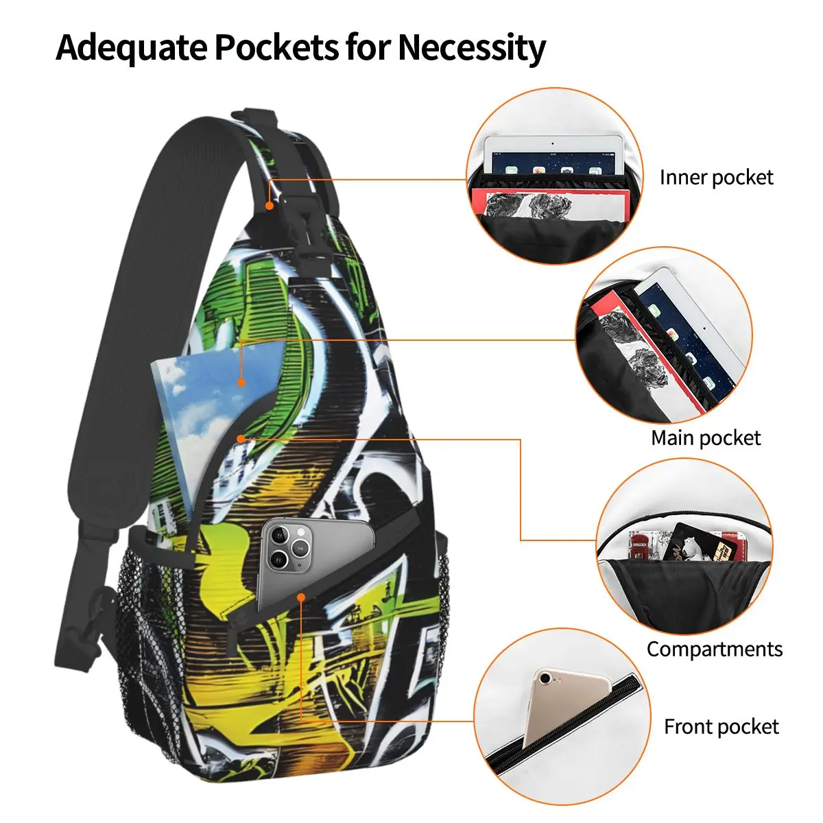 Urban Crossbody torba na klatkę piersiową styl Graffiti sztuki kieszenie plecak podróżny Messenger sport nastolatki torba na ramię Unisex