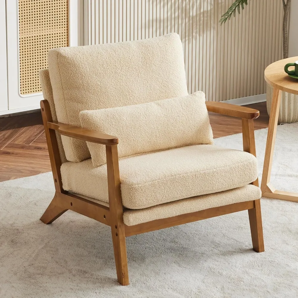 

Accent Chair Wide Armrest Mid-Century Lounge Chair Teddy Fleece Armchair with Lumbar Pillow & Solid Wood Frame