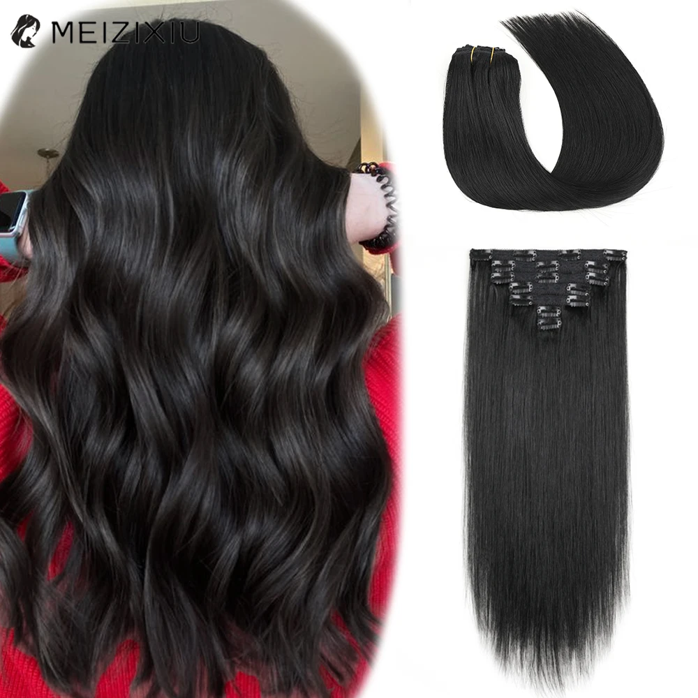 

Clip In Hair Extension 100% Remy Hair Dark Black 7pcs Silky Straight Double Weft Clip-On HairPiece Clip in Human Hair Extensions