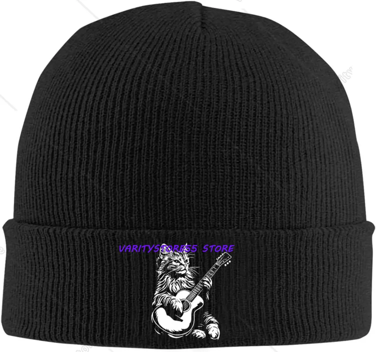 Cool Musician Cat With Guitar Print Ribbed Beanie, Music Lovers Daily Outdoor Cuffed Skull Cap