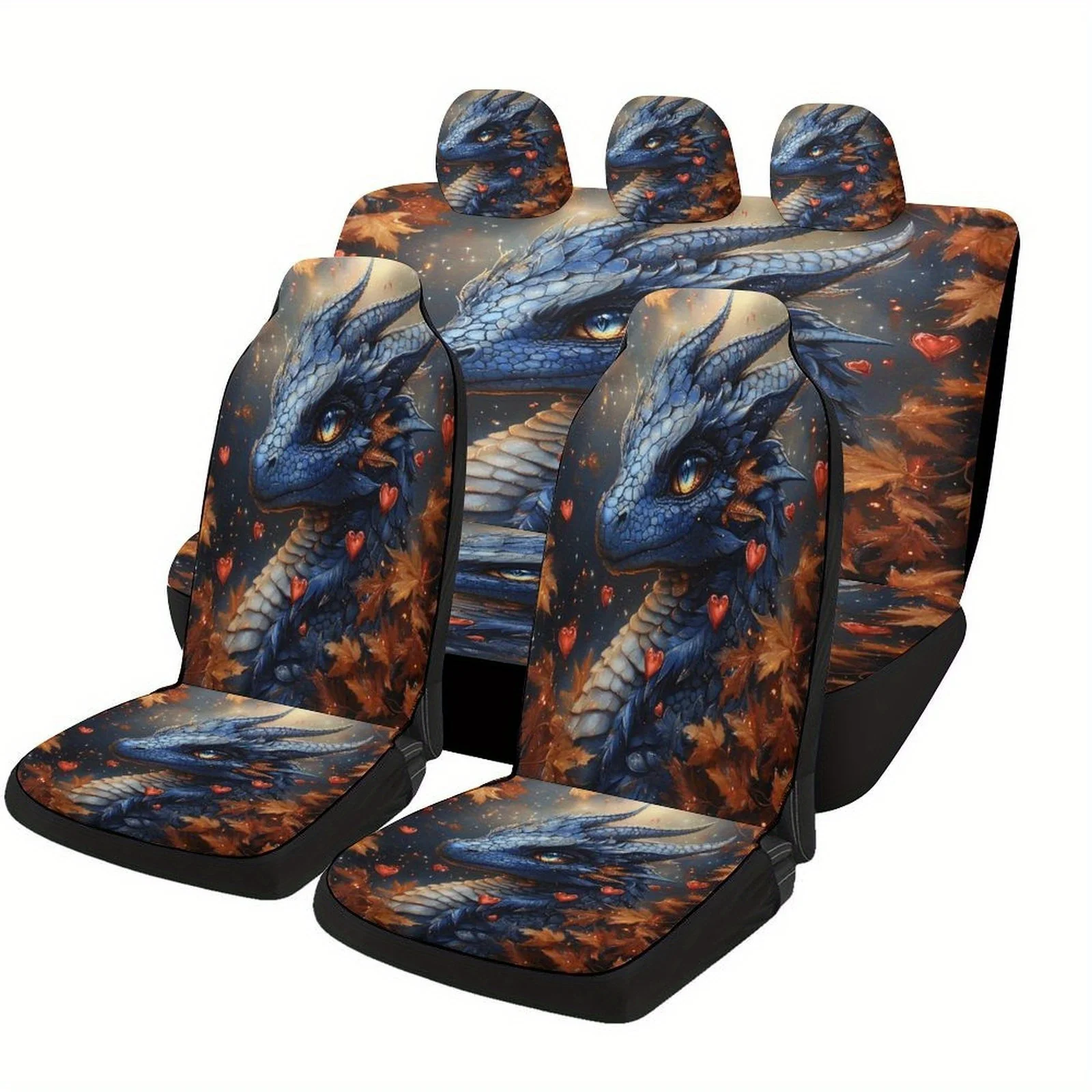 Set Of Car Seat Covers Featuring A Dragon And Autumn Heart Design, Suitable For Most Vehicles. These High-Quality, Comfortable P
