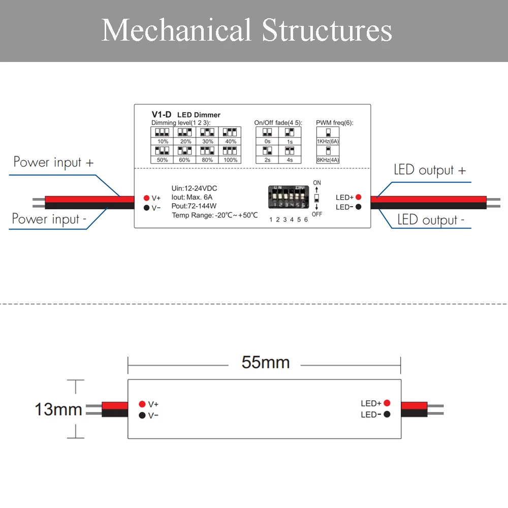 Imagem -02 - Tensão Constante Led Dimmer Controller dc 12v 24v 1ch Superaquecimento Proteção Reversa Cor Única Led Strip Dimming Iluminação Interior