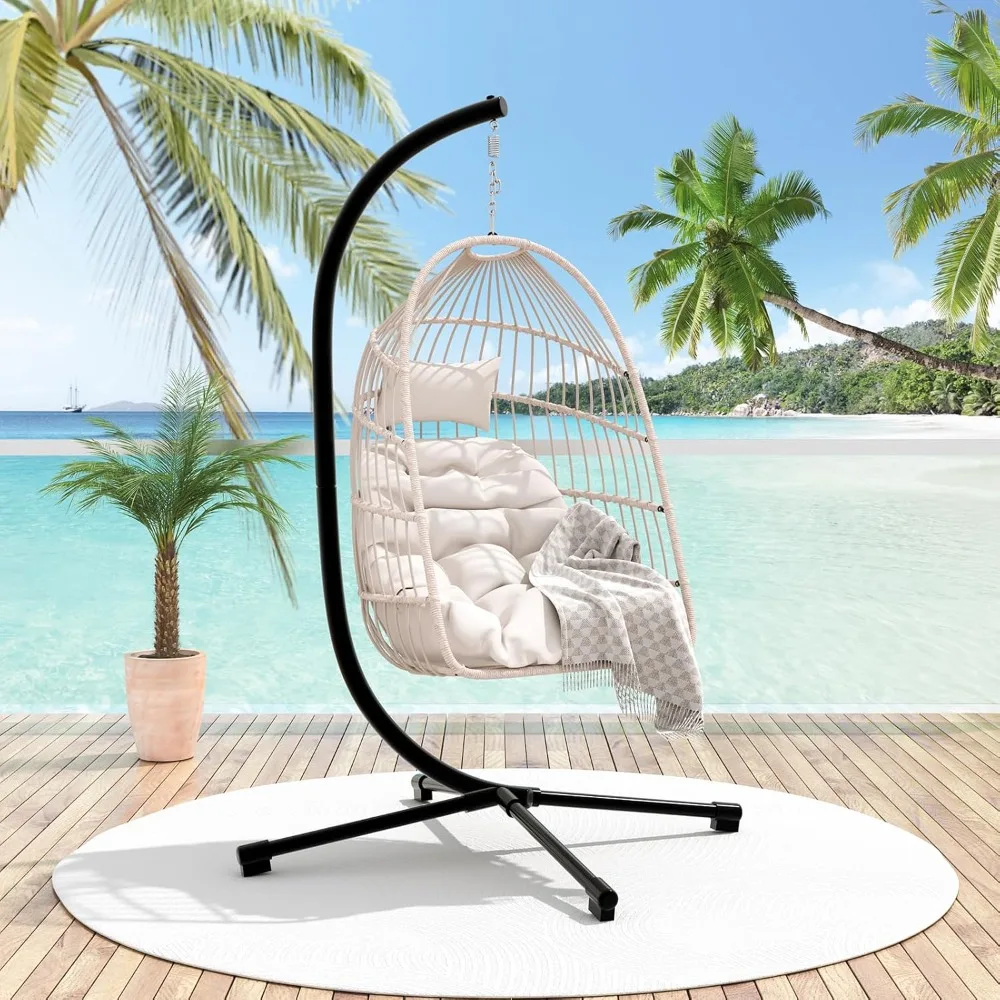 

Foldable Hanging Egg Chair with Stand, HDPE Rattan and Heavy Duty Aluminum-Steel Frame, Outdoor Patio Wicker Swing Egg