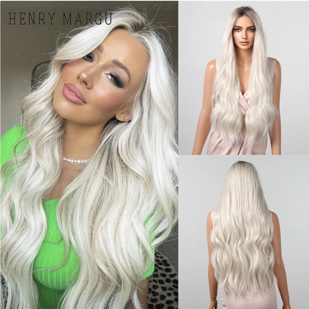 HENRY MARGU Long Platinum Blonde Lace Front Wigs Ombre Blonde Synthetic Wig Natural Wavy Daily Hair 13*1 T Part Lace Wig